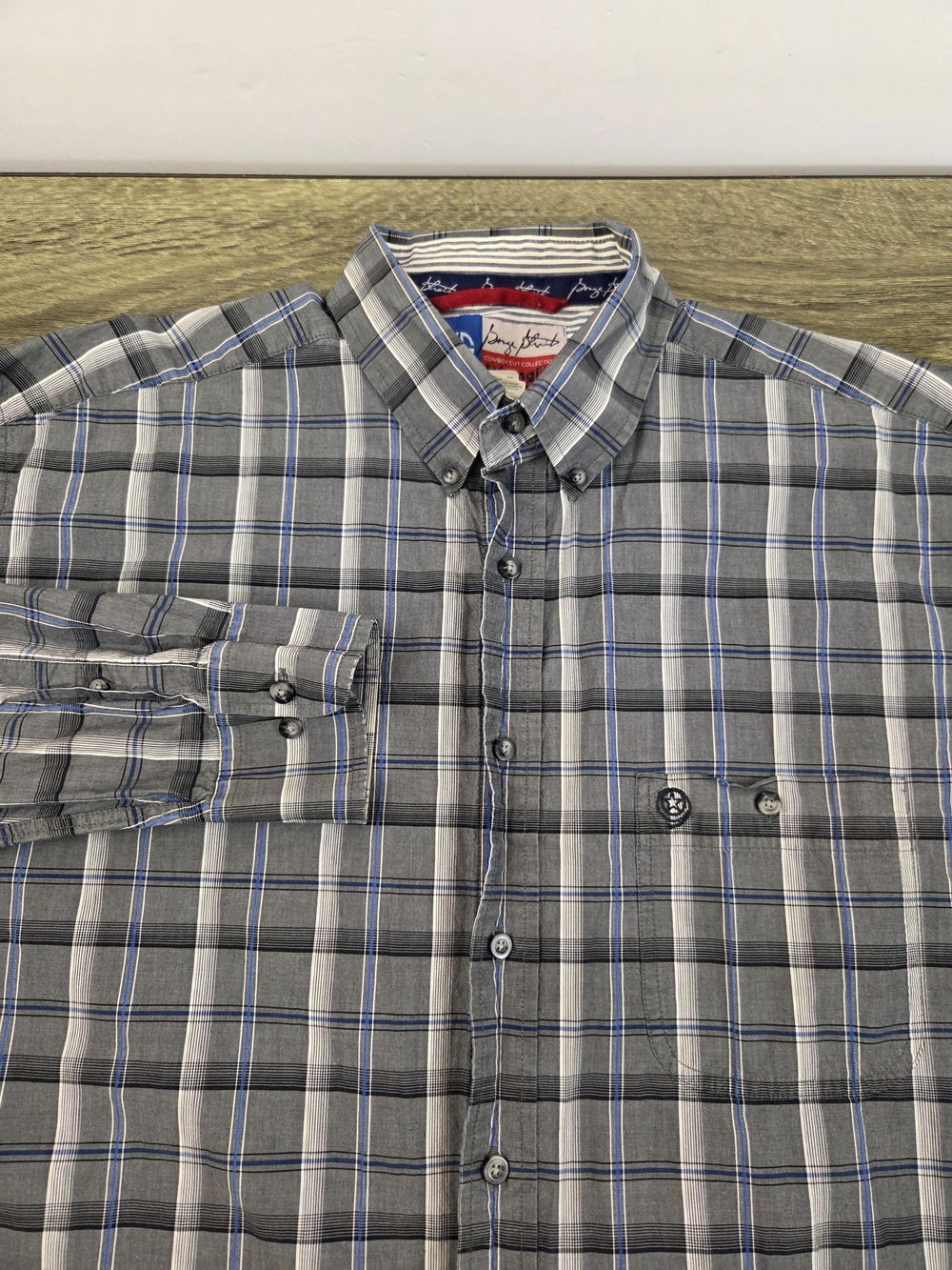 Wrangler George Strait Western Shirt Men's XL Tall Gray Plaid Long Sleeve Cowboy